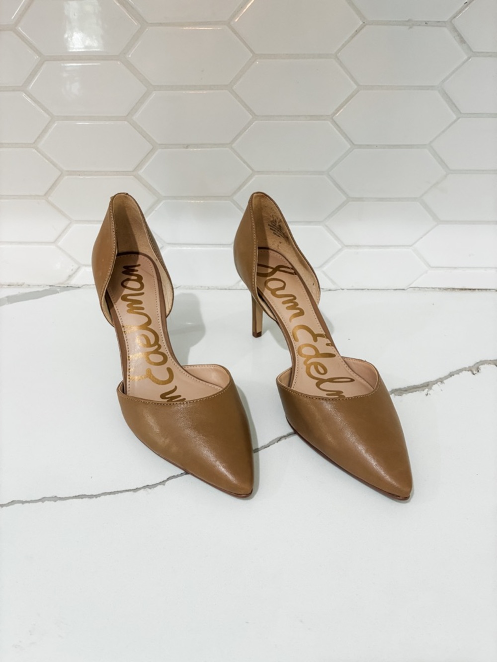 Sam Edelman Nude Leather D’Orsay Pointed Toe Heels Size 7 Classic Pump